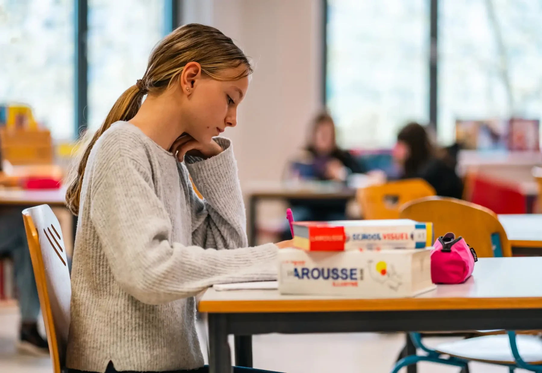 Une élève de l'élémentaire travaille avec son dictionnaire