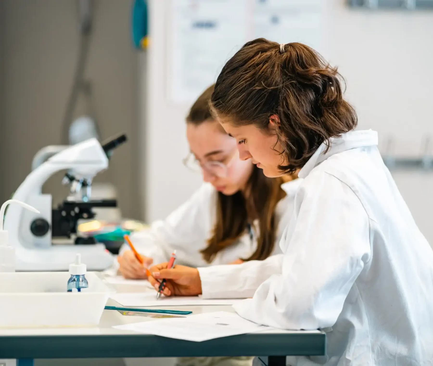 Une élève travaille au microscope en cours de sciences